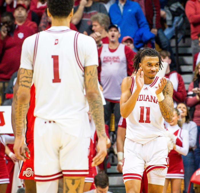 Indiana's CJ Gunn (11) celebrates during the second half of the Indiana versus Ohio State men's basketball game at Simon Skjodt Assembly Hall on Saturday, Jan. 6, 2024.